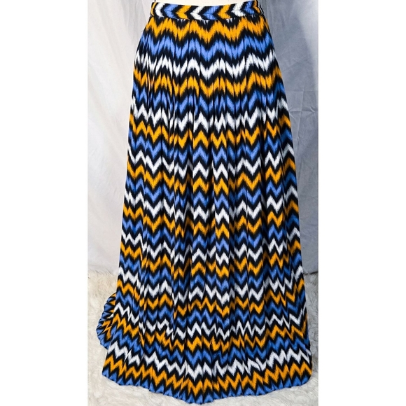 Michael Kors Maxi Skirt Pleated Long Chevron Geometric Stripe Blue White Yellow - Picture 2 of 3